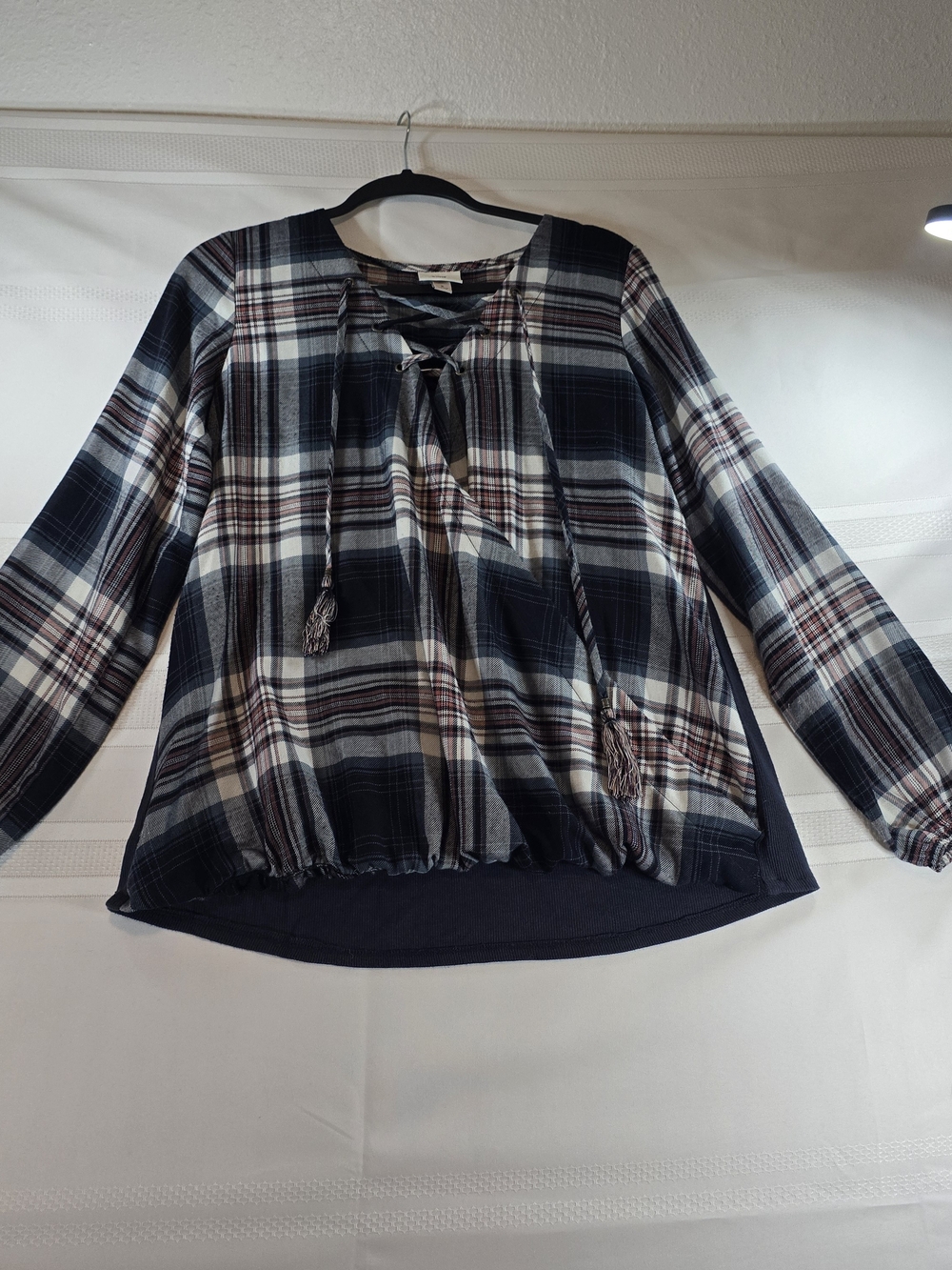 Knox Rose Navy, White & Brown Plaid Lace-Up Tunic